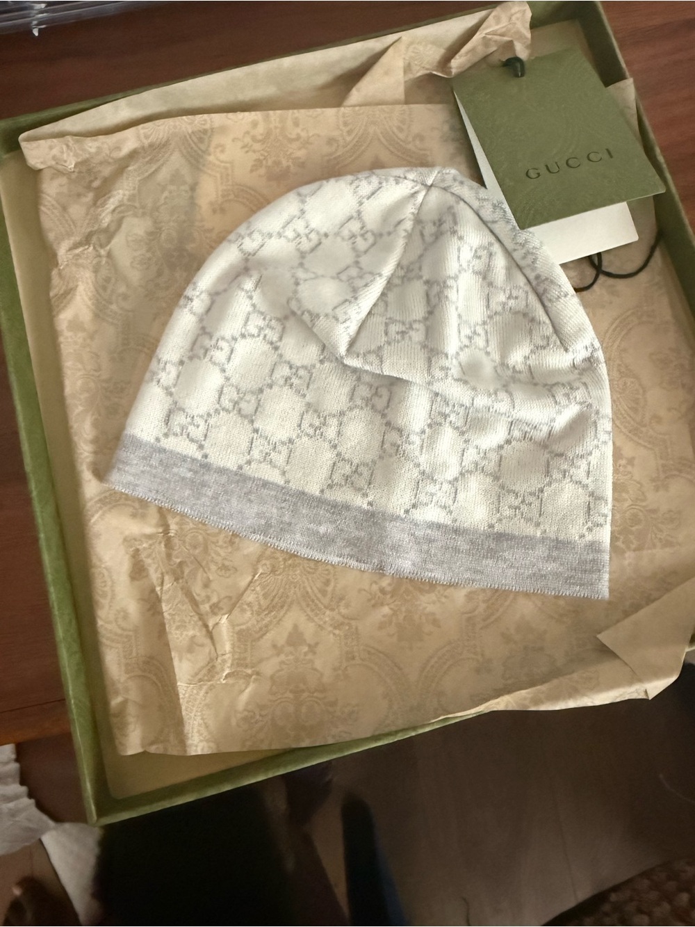 Gucci Ivory Beanie with Light Gray GG Pattern BABY